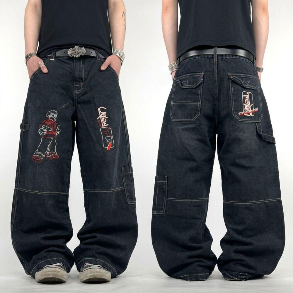 Vintage y2k rare embroidered baggy wide leg faded black grunge jeans